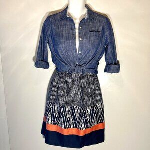 George SZ18 Navy cotton print pleated flare skirt Boho Southwestern Office Ranch
